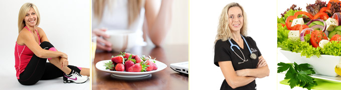 My Healthy Blueprint Powered by Baptist Health Care pictures of strawberry in plate, exercise instructure sitton on floor, nurse with stethescope and bowl of salad.