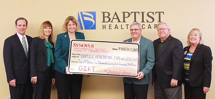 From L to R: Mark Faulkner, CEO, Baptist Health Care; Sharon Nobles, VP/CFO, Acute Care Services; Barbara Quinn, Relationship Manager, Synovus Trust Company; Robin Herr, Chariman ,Baptist Health Care Foundation Board; Jerry Maygarden, President, Baptist Health Care Foundation; Eleanor McGee, VP/Controller, Baptist Health Care